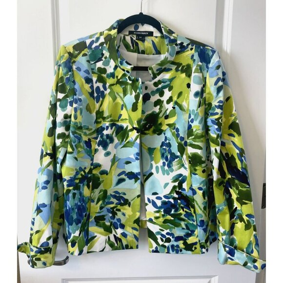 NWOT Ellen Tracy Jacket Blue Green Watercolor Open 14 Mandarin Collar MSRP $398 - Picture 1 of 5